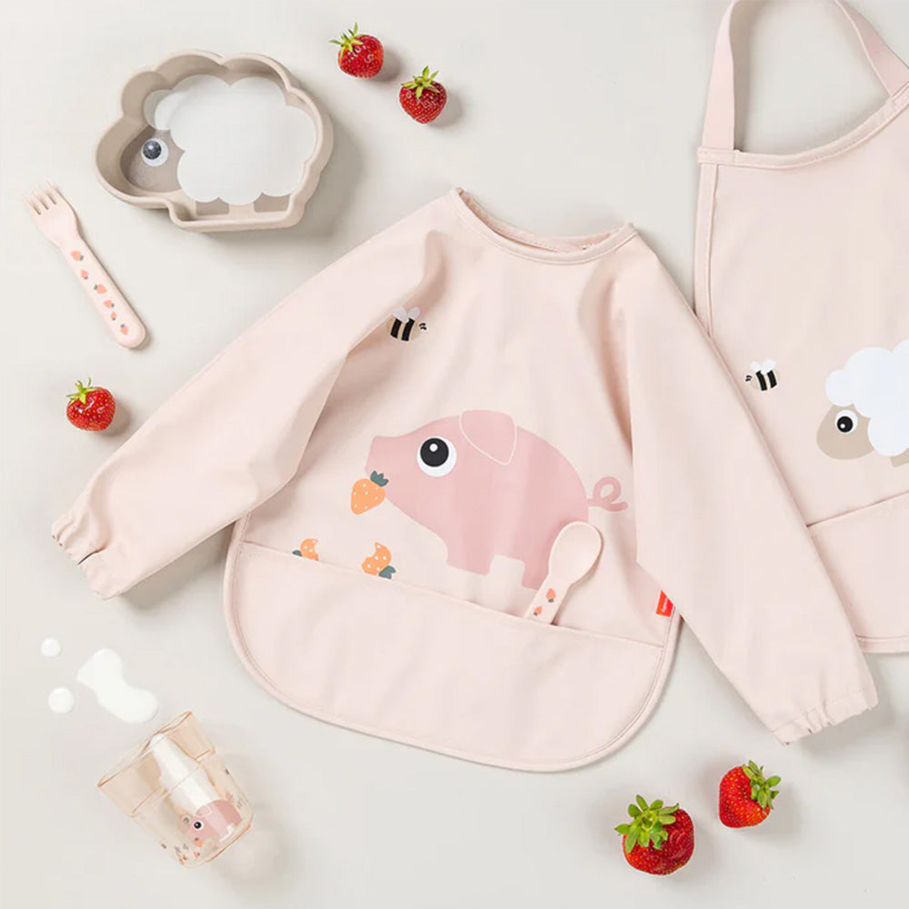 Babero grande con mangas y bolsillo Tiny Farm rosa 6-18 meses