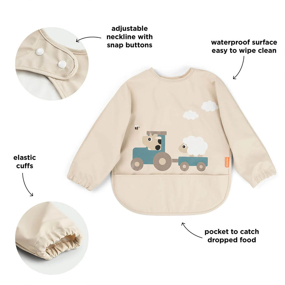Babero grande con mangas y bolsillo Tiny Farm arena 6-18 meses
