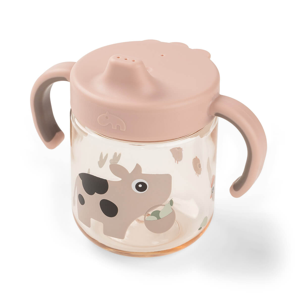 Vaso con boquilla de aprendizaje 2 asas Tiny Farm rosa