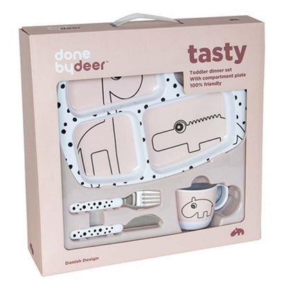 Set vajilla 2 piezas + Set de cubiertos Happy Dots rosa