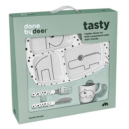 Set vajilla 2 piezas + Set de cubiertos Happy Dots gris