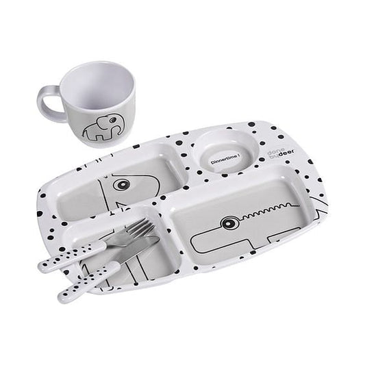 Set vajilla 2 piezas + set de cubiertos Happy Dots gris