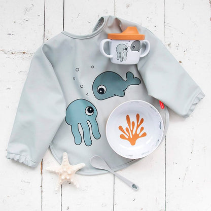 Babero grande con mangas Sea Friends gris, 6-18 meses